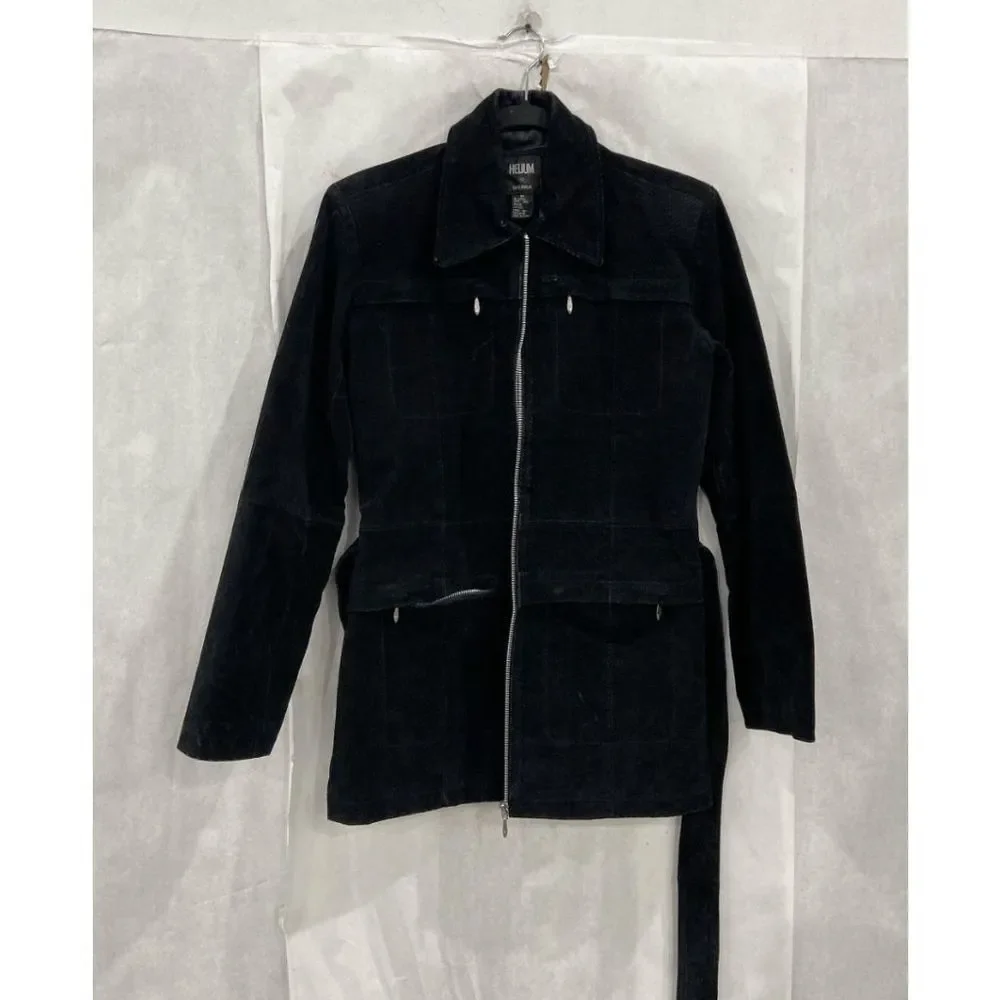 Helium London Black 100% Leather Jacket Collared Belted Full-Zip Coat, Sz Medium - Picture 2 of 13